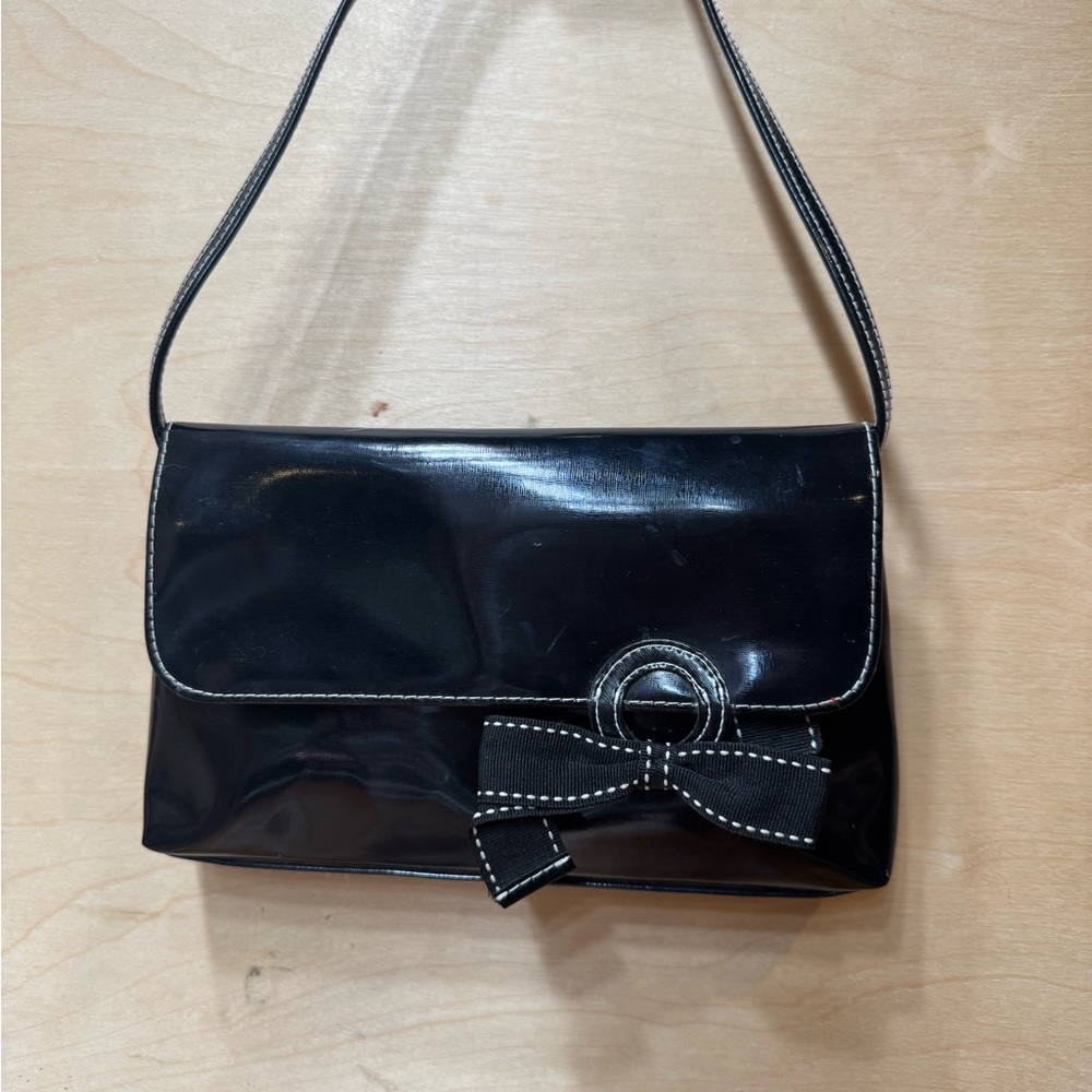 Victoria's Secret Black Patent Shoulder Bag with Bow Detail